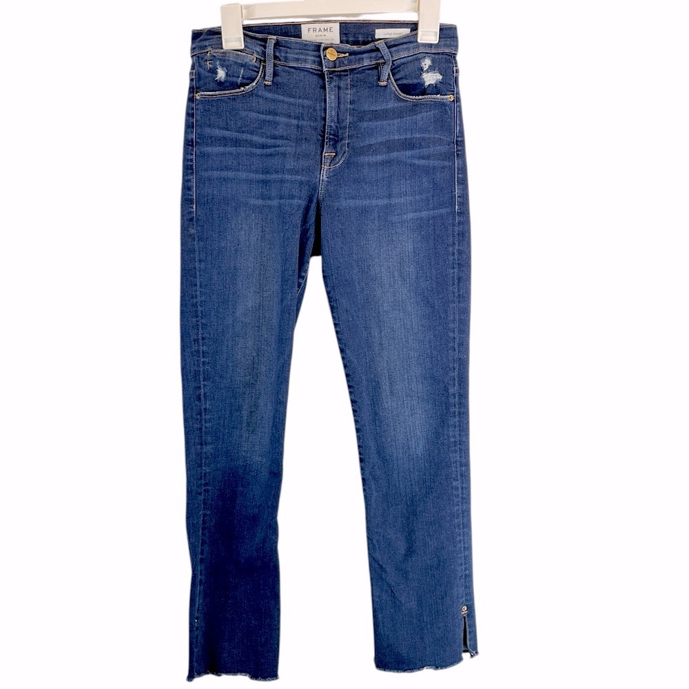 FRAME Le High Straight Leg Jeans Frayed Vented Rivet Hem Cropped Sz 27